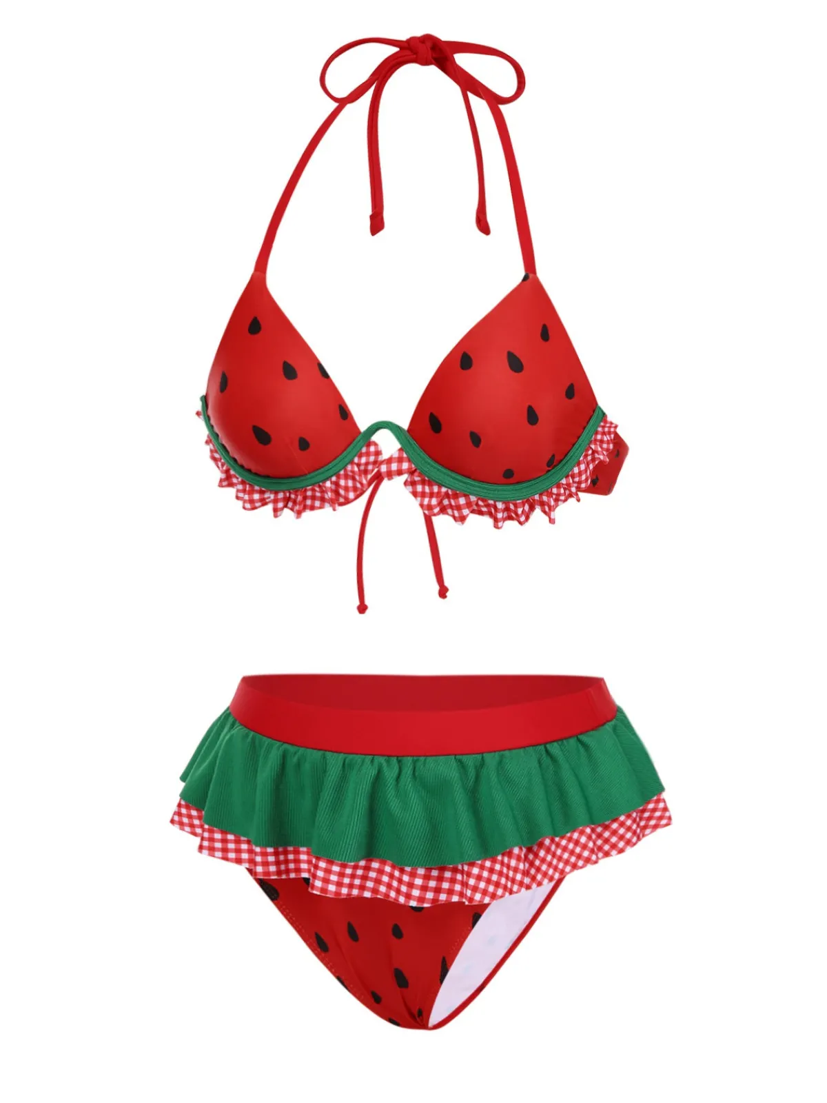 Hot Retro Stage 1950s Watermelon Ruffled Bikini Set Red