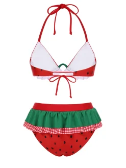 Hot Retro Stage 1950s Watermelon Ruffled Bikini Set Red