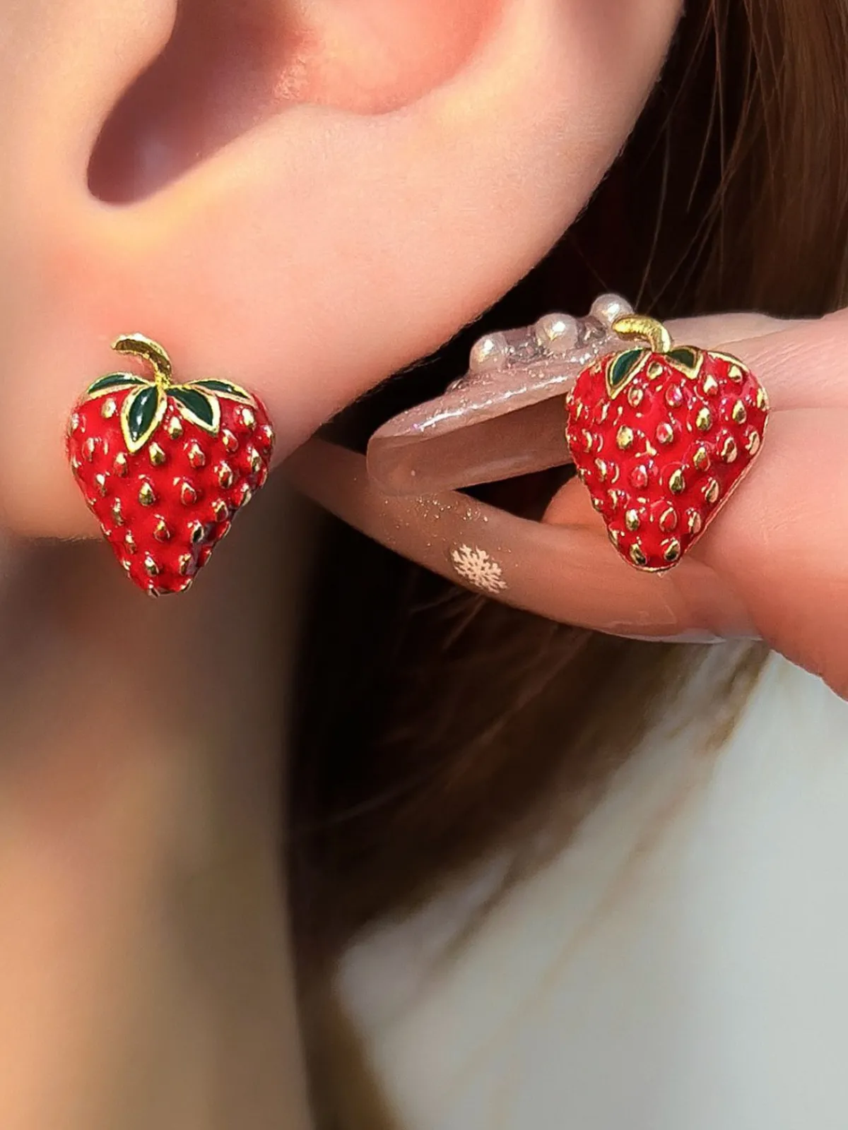 Clearance Retro Stage Red Strawberry Gold Accents Earrings