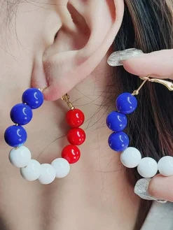 Sale Retro Stage Red White Blue Beaded Vintage Earrings