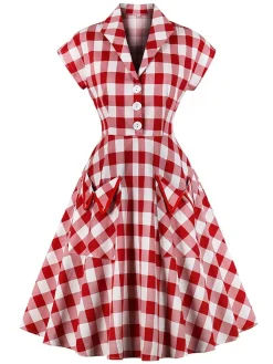 Sale Retro Stage White 1950s Pockets Plaid Dress Red