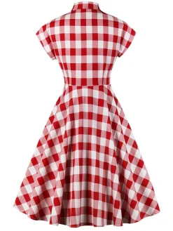 Sale Retro Stage White 1950s Pockets Plaid Dress Red