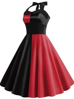 New Retro Stage &Black 1950s Solid Halter Dress Red