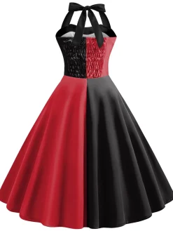 New Retro Stage &Black 1950s Solid Halter Dress Red