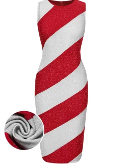 Clearance Retro Stage Red& 1960s Pinstriped Pencil Dress White
