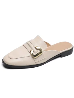 Fashion Retro Stage Retro Leather Loafers Half Slippers Beige