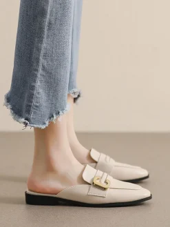Fashion Retro Stage Retro Leather Loafers Half Slippers Beige