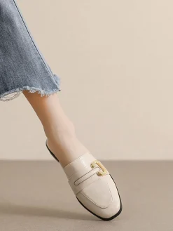 Fashion Retro Stage Retro Leather Loafers Half Slippers Beige