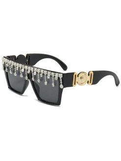 Fashion Retro Stage Retro Black Large Frame Diamond Sunglasses