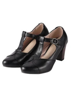 Online Retro Stage Retro T-Strap Chunky Heels Shoes Black