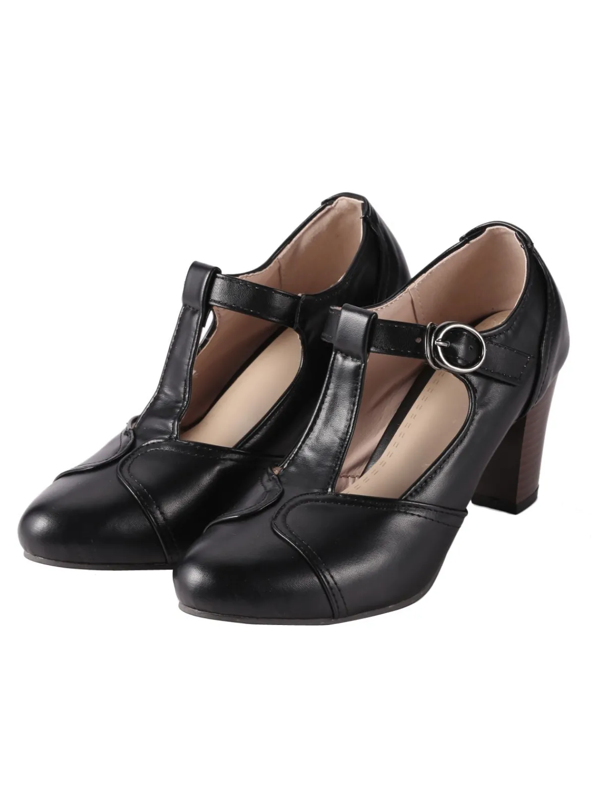 Online Retro Stage Retro T-Strap Chunky Heels Shoes Black