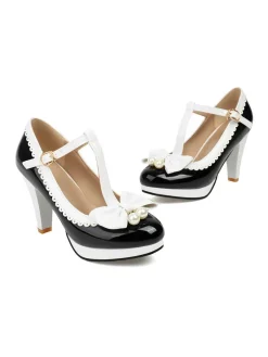 Online Retro Stage Retro Bow Pearl T-Strap Contrast High Heels Shoes