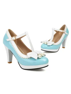Online Retro Stage Retro Bow Pearl T-Strap Contrast High Heels Shoes