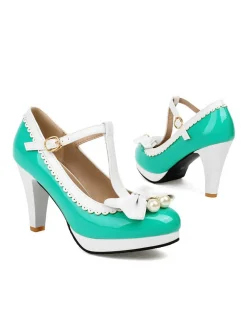 Online Retro Stage Retro Bow Pearl T-Strap Contrast High Heels Shoes