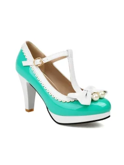 Online Retro Stage Retro Bow Pearl T-Strap Contrast High Heels Shoes
