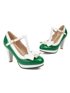 Online Retro Stage Retro Bow Pearl T-Strap Contrast High Heels Shoes