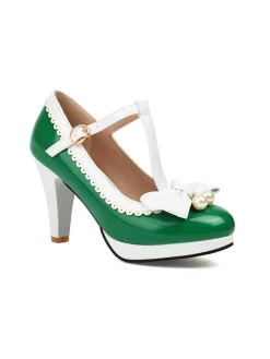Online Retro Stage Retro Bow Pearl T-Strap Contrast High Heels Shoes
