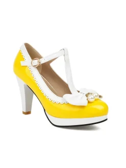Online Retro Stage Retro Bow Pearl T-Strap Contrast High Heels Shoes