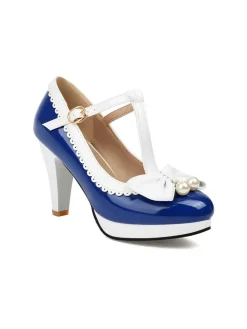Online Retro Stage Retro Bow Pearl T-Strap Contrast High Heels Shoes