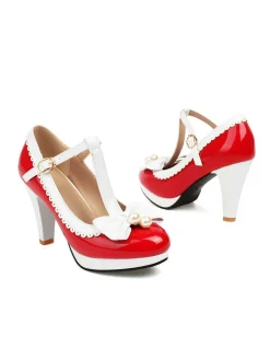 Online Retro Stage Retro Bow Pearl T-Strap Contrast High Heels Shoes