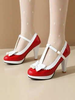 Online Retro Stage Retro Bow Pearl T-Strap Contrast High Heels Shoes