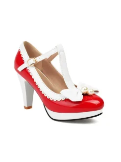 Online Retro Stage Retro Bow Pearl T-Strap Contrast High Heels Shoes