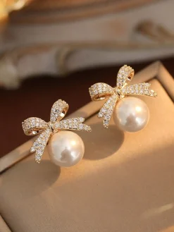 Outlet Retro Stage Retro Bow Rhinestone Pearl Earrings