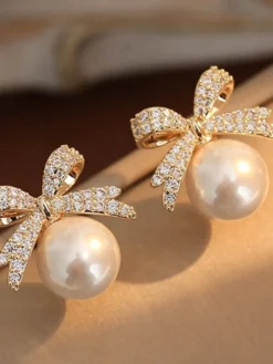 Outlet Retro Stage Retro Bow Rhinestone Pearl Earrings