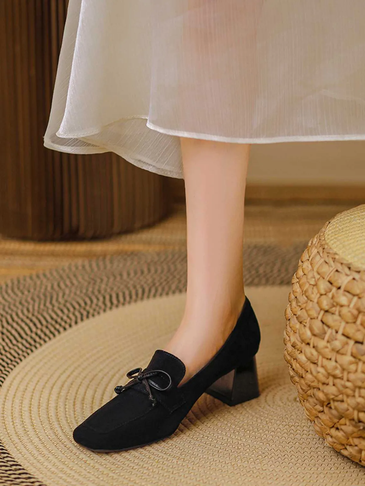 Outlet Retro Stage Retro Bow Square Toe High Heels Shoes
