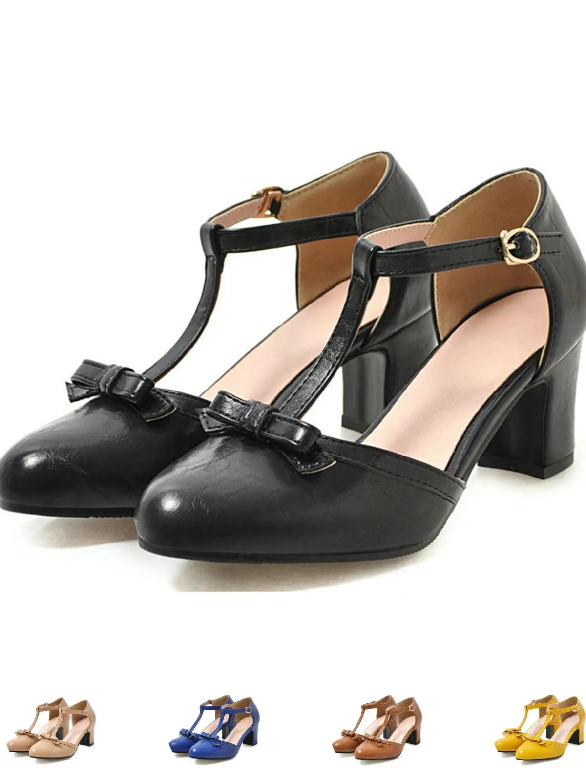 Discount Retro Stage Retro Bow T-strap Chunky Heels Shoes