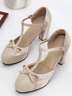 Fashion Retro Stage Retro Bow T-Strap High Heels Shoes