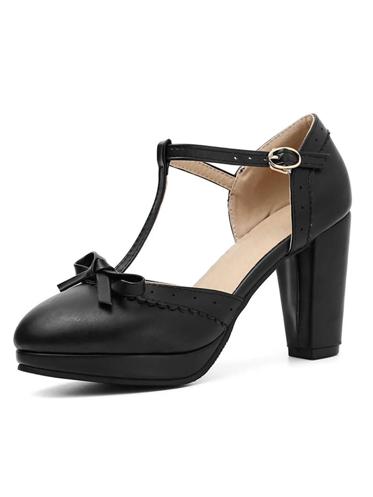 Online Retro Stage Retro Bow T-Strap High Heels Shoes