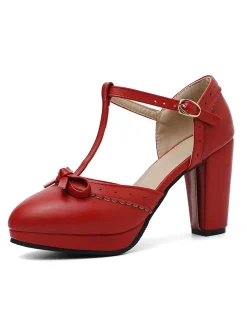 Online Retro Stage Retro Bow T-Strap High Heels Shoes