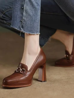 Outlet Retro Stage Retro Faux Leather Chuny High Heels Brown