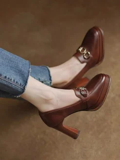 Outlet Retro Stage Retro Faux Leather Chuny High Heels Brown