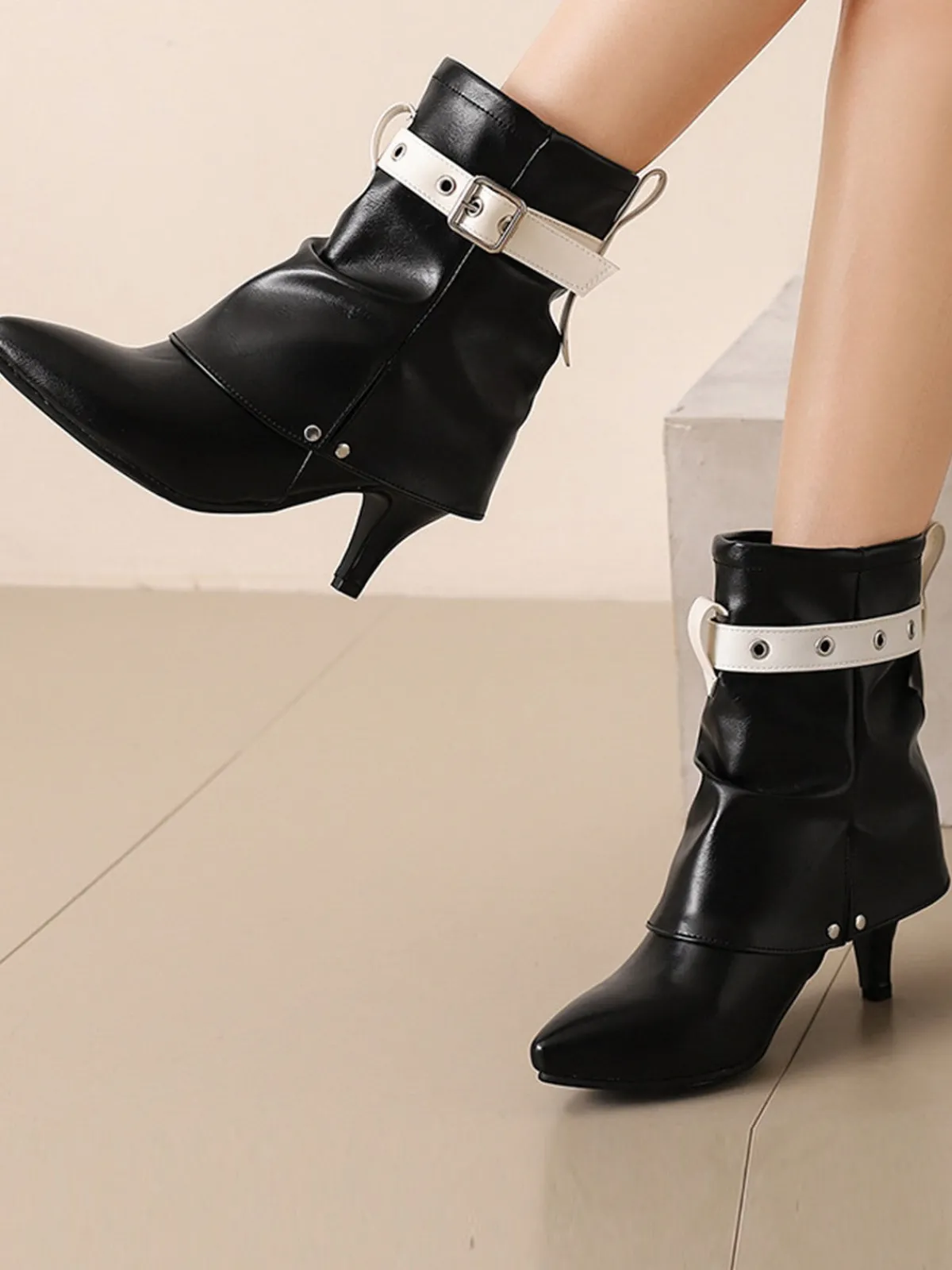 Fashion Retro Stage Retro Contrast Kitten Heel Ankle Boots