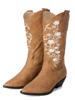Hot Retro Stage Retro Embroidered Flower Leather Cowboy Boots Brown