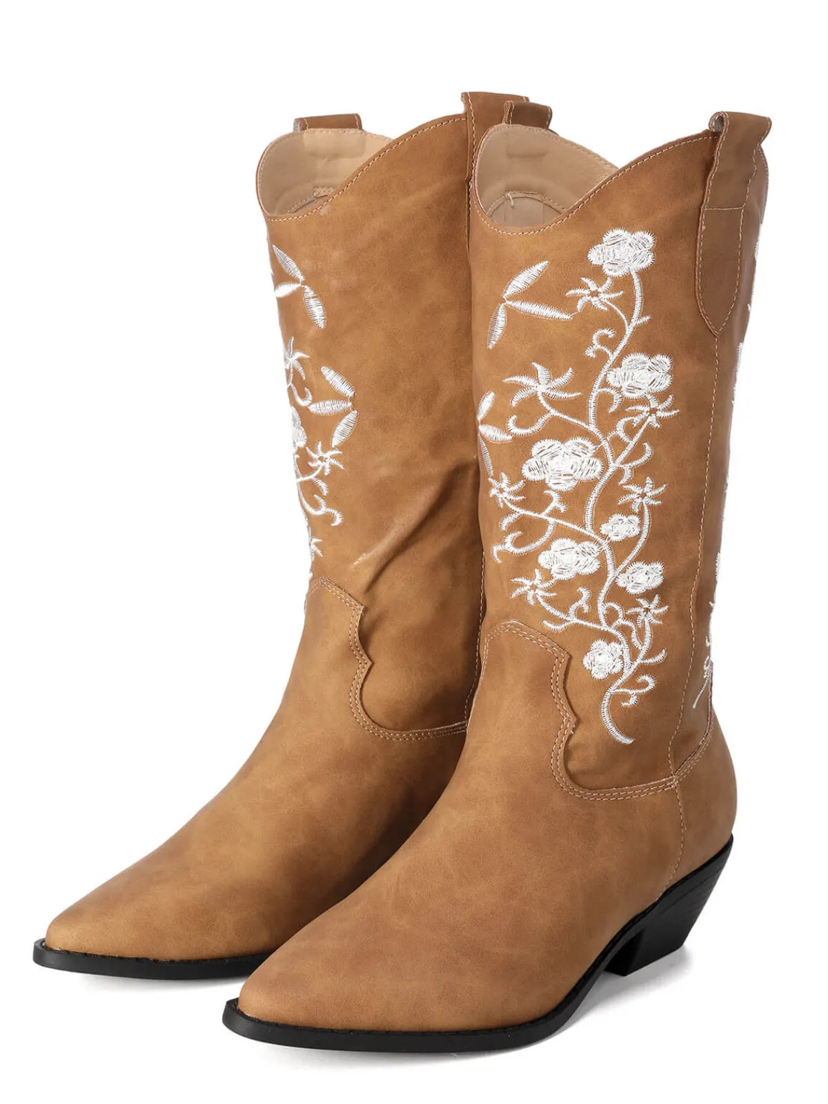 Hot Retro Stage Retro Embroidered Flower Leather Cowboy Boots Brown