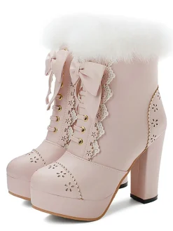 Outlet Retro Stage Retro Furry Bowknot Chunky Heel Snow Boots