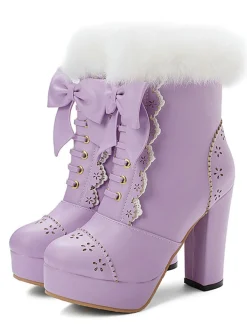Outlet Retro Stage Retro Furry Bowknot Chunky Heel Snow Boots