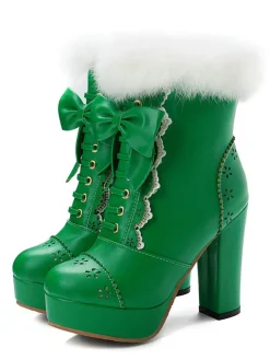 Best Retro Stage Retro Furry Bowknot Chunky Heel Snow Boots