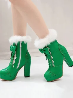 Best Retro Stage Retro Furry Bowknot Chunky Heel Snow Boots