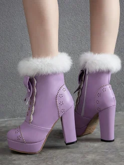 Best Retro Stage Retro Furry Bowknot Chunky Heel Snow Boots