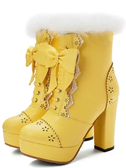 Best Retro Stage Retro Furry Bowknot Chunky Heel Snow Boots