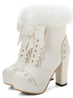 Best Retro Stage Retro Furry Bowknot Chunky Heel Snow Boots