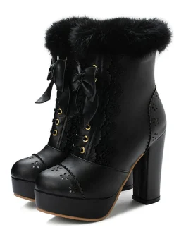 Best Retro Stage Retro Furry Bowknot Chunky Heel Snow Boots