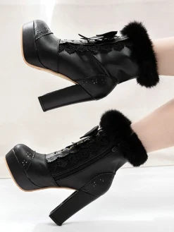 Best Retro Stage Retro Furry Bowknot Chunky Heel Snow Boots