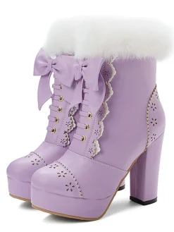 Best Retro Stage Retro Furry Bowknot Chunky Heel Snow Boots