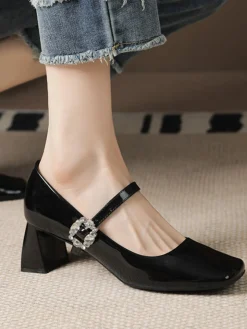 Fashion Retro Stage Retro Glossy Leather Chunky Heel Shoes