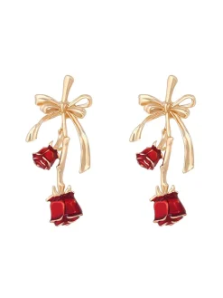 Sale Retro Stage Retro Gold Ribbon 3D Rose Earrings